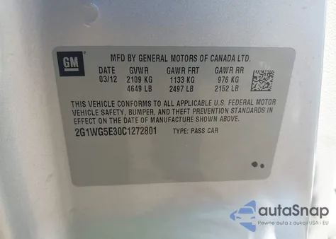 2012 Chevrolet Impala Lt from USA, damaged, VIN 2G1WG5E30C1272801